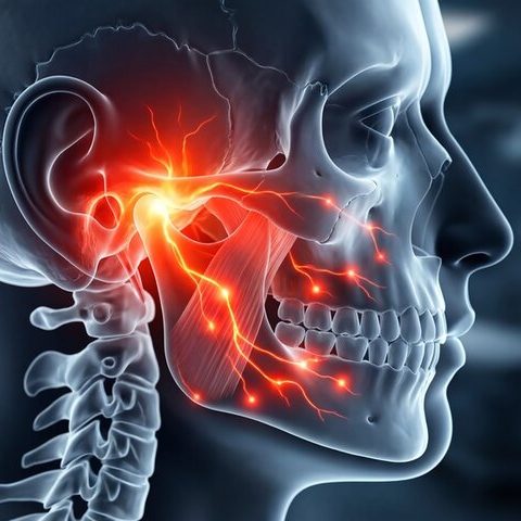 Jaw pain Anatomical illustration showing the human skull and highlighted facial muscles.