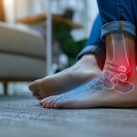 Ankle pain Ankle joint with highlighted inflammation depicted near the ankle area.