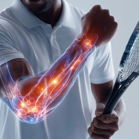 Elbow pain A close-up of a man's arm with glowing muscles, holding a tennis racket.