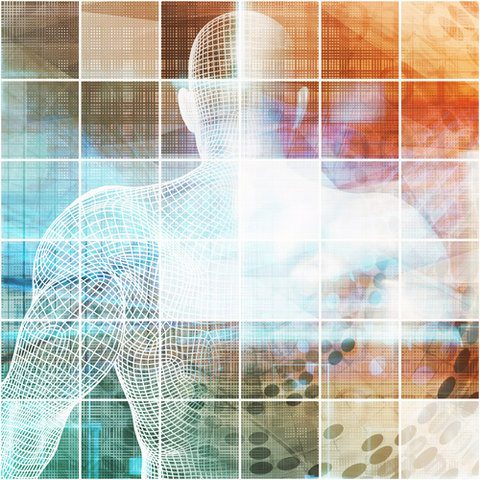 Abstract human figure with a grid overlay and vibrant, layered colours.