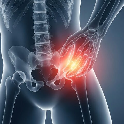 Hip pain X-ray illustration showing hip pain with a highlighted area on the pelvis.