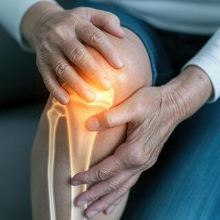 Knee pain Close-up of a human knee joint, highlighting bone structure with inner glow.