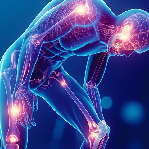 A glowing blue human figure with highlighted joints in a pained posture.
